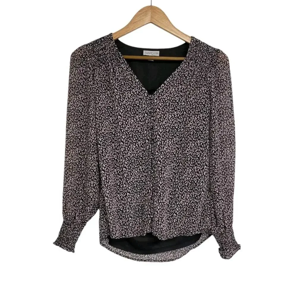 Sam and Jess Black Cheetah Animal Print Chiffon Long Sleeve V-Neck Top XS NWT